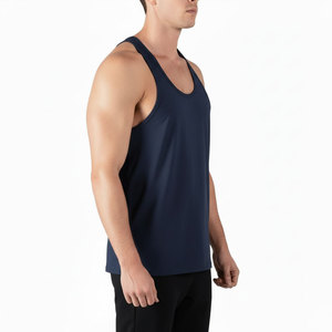 Débardeur pour homme bleu marine respirant 100% coton, col rond, décontracté, pour l'entraînement, couleur unie, design tricoté, logo sur le devant - Product Image 2