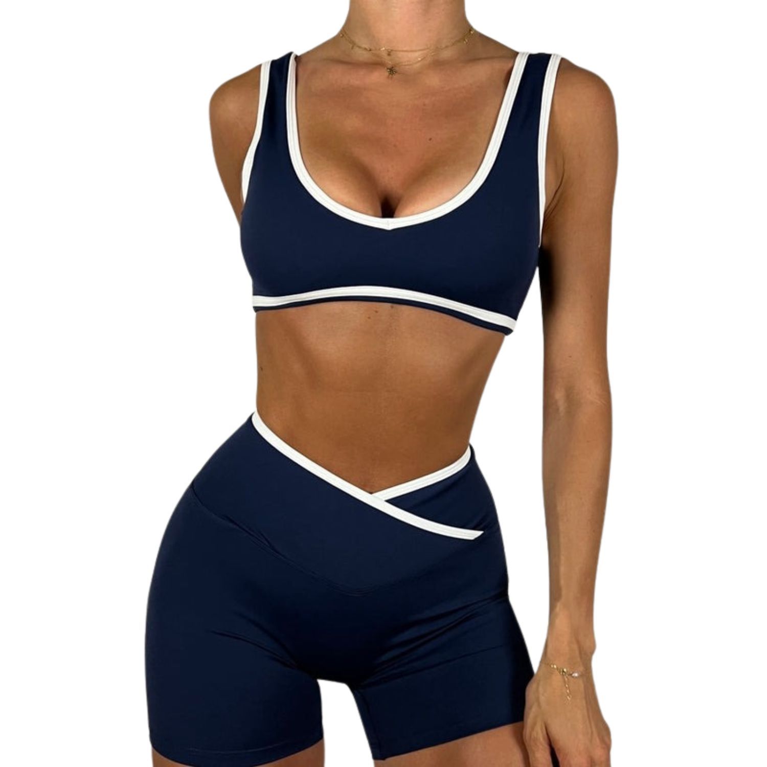 Custom Wholesale Plus Size Women's Yoga Set Sports Bra Shorts V Shape Crossover Waist Seamless Running Gym Washed Solid Front