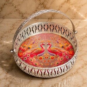 Handmade Modern German Silver Peacock Decorative Iron Serving <b>Basket</b> <b>Tray</b> Handle Premium Metal Gift <b>Basket</b> for Diwali Wedding - Product Image 1