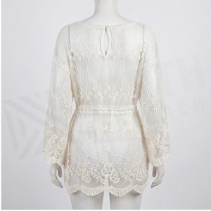 Women's White Chiffon Embroidered V-Neck Drawstring Romper With Tassel And Ruffles Floral Pattern Short Bottoms - Product Image 2