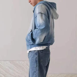 Sudadera con capucha de mezclilla de lujo de alto gramaje con cremallera, estilo oversize con hombros caídos, efecto vintage lavado, para moda urbana - Product Image 3