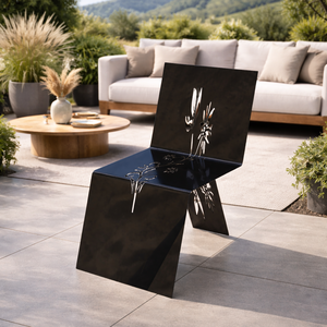 Chaise en acier de style industriel design avec structure pliée unique et détails artistiques floraux - Product Image 2