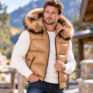 <b>Men's</b> Autumn Breathable Leather Puffer <b>Vest</b> with Fox Fur Hood | Herren Autumn Lederweste Mit Fuchspelzkapuze - Product Image 1