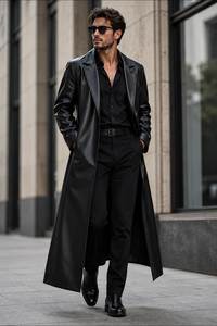 <b>Men</b> Genuine Leather Long <b>Trench</b> <b>Coat</b> Notched Lapel Open Front With Pockets Regular Fit - Product Image 6