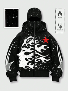 Sweat-shirt à capuche unisexe 100% coton à imprimé étoiles, motif graphique yeux scintillants, streetwear, automne - Product Image 3