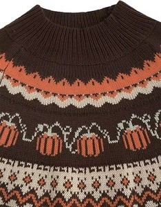 Pull en maille marron pour femme, col rond, manches longues, motif citrouille, style hiver, anti-boulochage, style automne - Product Image 3