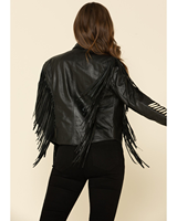 Veste en cuir noir style natif pour femme, avec franges de perles et clous argentés, surpiqûres, manteau western de cowgirl, vêtement d'extérieur fait main, USA