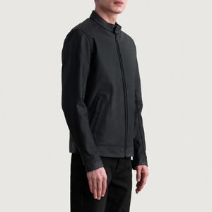 Veste en cuir PU noir pour homme, col montant, fermeture éclair, style motard, coupe ajustée, pour l'automne - Product Image 2