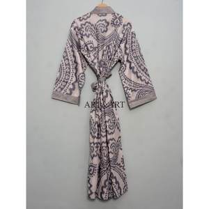 Robe Kimono en Coton pour Femme, Imprimé Bloc, Confortable, Vêtement de Nuit, Robe de Demoiselle d'Honneur, Peignoir de Plage, Robe Faite Main, Naturelle - Product Image 5