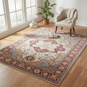 Tapis de chambre à coucher à poils ras, noué à la main, en laine et soie, motif géométrique Heriz, bordeaux ivoire - Product Image 5