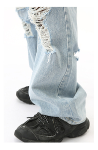 Vaqueros desgastados con parches personalizados, corte ajustado, recto, holgado, estilo streetwear, efecto apilado, denim vintage lavado, estilo Y2K, elásticos - Product Image 4