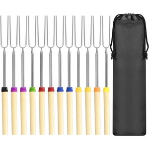 ชุดอุปกรณ์ย่างบาร์บีคิว 12 ชิ้น พร้อมด้ามจับไม้  ไม้เสียบย่างบาร์บีคิวแบบยืดได้ ยาว 32 นิ้ว สำหรับย่างมาร์ชเมลโลว์และอุปกรณ์บาร์บีคิวอื่นๆ - Product Image 1