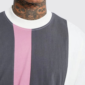 Men's Casual Color Blocked O-Neck Short Sleeve T-<b>Shirt</b> Oversized Knitted <b>Patchwork</b> Design Contrast Trim Regular Fit - Product Image 4