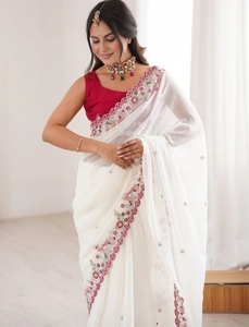 KV Women's Embroidered Silk Bollywood <b>Tissue</b> Saree with Unstitched Blouse (White) Quick Dry Stretchable <b>Wedding</b> - Product Image 1