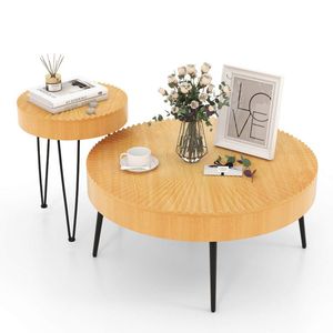 Set di 2 tavolini da caffè rotondi in stile Boho con piano in legno massello di pino e gambe in metallo - Product Image 1