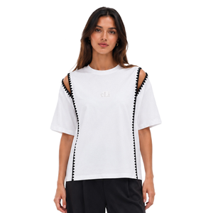 Personalized Tonal Embroidery women's shirt Cut-Out Short Sleeve Solid Tee All Seasons Everyday Wear Contrast Trim Cotton Shirt - Product Image 1