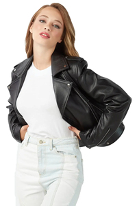 Chaqueta de cuero genuino para mujer, estilo motociclista, manga larga, cierre de cremallera, cuello extendido, para otoño, estilo urbano. - Product Image 3