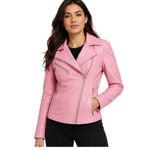Chaqueta de Motociclista para Mujer, de Cuero Auténtico, Tejida, Transpirable, con Cierre Cruzado, Color Rosa Cereza, para Venta al Por Mayor (OEM) - Product Image 1
