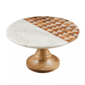 Luxury <b>Marble</b> Wood <b>Cake</b> <b>Stand</b> Handmade Geometric Inlay Dessert Display Pedestal Plate for Wedding Party Catering Decoration - Product Image 1