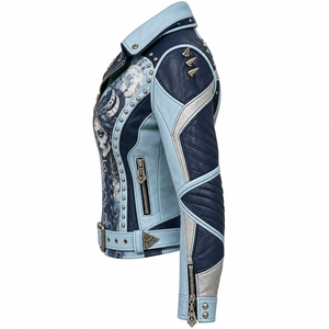 Chaqueta de Cuero Azul Marino Claro para Mujer, con Estampado Gráfico de Luna Creciente Celestial, Chaqueta Biker con Cinturón, Fabricación Personalizada, Proveedor OEM ODM - Product Image 4