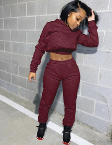Women Solid Maroon Hooded Crop Sweatshirt Set Full Sleeve Fleece Casual Jogger <b>Pants</b> Summer Wear 100% Cotton Breathable - Product Image 3