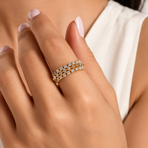 Bague de fiançailles et de mariage en or rose plaqué, diamant de laboratoire, pour femme, tendance, double rangée, pavé, taille brillant rond - Product Image 3