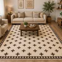 Hand Knotted New Zealand Wool Durable Eco-Friendly Rug Modern Geometric Cross Pattern Cream Brown Low Pile Cotton Area Rug