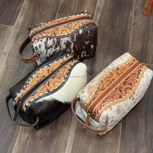 ชุดเครื่องมือใหม่ dopp สำหรับผู้หญิงหนังวัวสไตล์ตะวันตกกระเป๋าเครื่องแป้งแบบแขวนลายดอกไม้กระเป๋าเครื่องสำอางหนังแท้ - Product Image 5