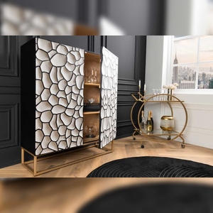 Vandana Nordic Detail Highboard VULCANO 120cm blanco negro madera de mango con tallados 3D marco metálico hecho a mano dorado - Product Image 4