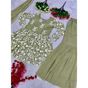 Handmade Fancy Party Wear A-<b>Line</b> <b>Top</b> with Floral Print <b>Empire</b> Waistline and Stitched Work Includes Sharara and Dupatta - Product Image 5