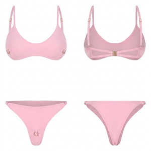 Ensemble bikini rose, soutien-gorge triangle, string, maillot de bain femme, extensible, couleur unie, tricoté, vêtements de plage, ensemble 2 pièces - Product Image 3