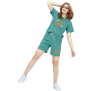 Conjunto de Verano de Alta Calidad para Mujer, Camiseta y Pantalones Cortos de Algodón Suave con Estampado Informal, Logotipo, Cuello Redondo, Tela de Felpa - Product Image 3