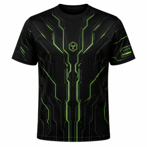 T-shirt de sport pour homme noir à motif géométrique par sublimation, séchage rapide, en polyester, avec logo frontal - Product Image 1