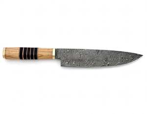 Herramienta de cocina de acero damasco con patrón retorcido hecho a mano, mango de madera de olivo y collar de latón. - Product Image 2