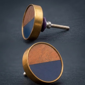 Modern Round Brass Cabinet Knob with Wood and Blue Resin Inlay for Drawer <b>Door</b> Handle Eco-Friendly Living Room Furniture Handle - Product Image 1