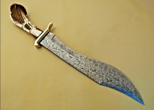 Couteau de chasse en acier Damas, lame à pointe tombante, manche en corne de cerf, garde en acier Damas, étui en cuir, couteau à lame fixe, chasse personnalisée - Product Image 2