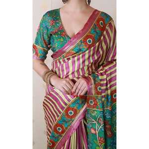 Sari en soie Tussar rose pâle à rayures Zari tissé et imprimé ELITE WEAVES, élégant et réversible, pour femme, idéal pour les soirées et les fêtes. - Product Image 5