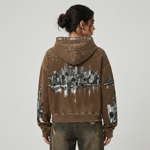 Custom <b>Brown</b> Distressed Zip Up Hoodie With Graphic Print Rhinestone Streetwear Sweatshirt For Unisex Comfort Wear - Product Image 6