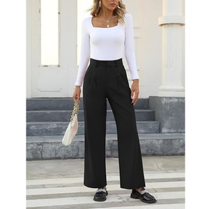 Pantalon large taille haute pour femme, coupe décontractée, plissé devant, en crêpe noir uni, longueur intégrale - Product Image 3