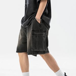 Pantalones Cortos Cargo para Hombre, Cintura Elástica, Estilo Bermuda de Mezclilla Lavada, Color Sólido Informal, Diseño con Bolsillos, Tela de Algodón Transpirable - Product Image 3