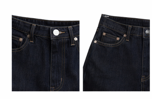 Jean en denim brodé taille haute bleu foncé coupe droite ample pour femme, style streetwear, délavage moyen, collection 2026 - Product Image 3