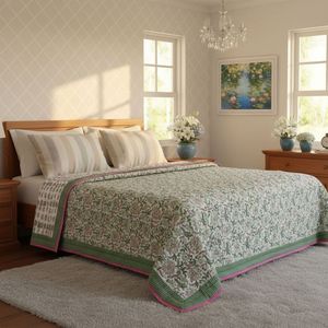 Juego de Ropa de Cama Acolchada con Estampado Clásico, de Algodón Hecho a Mano, para Uso en Todas las Estaciones, Transpirable, con Patrón Floral Verde y Rosa, a Precio de Mayoreo - Product Image 3