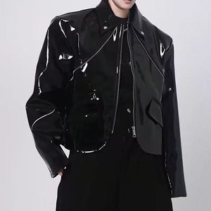 <b>Men's</b> Black PU Leather Bomber <b>Jacket</b> Moto Style Turn-down Collar Zipper Closure Solid Color Regular Length Loose Fit - Product Image 2