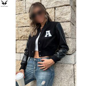 Premium Quality Newest Style Women's Black Varsity Jacket With Embroidered A Logo Full Sleeve Turn <b>Down</b> Collar Autumn Wear - Product Image 5