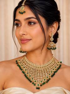 Handcrafted Royal Bridal Kundan Broad Choker <b>Set</b> Maroon Gemstone Bead Fringe Necklace <b>Set</b> with Matching Jhumkas & Maang Tikka - Product Image 1