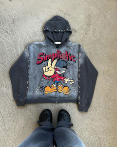 Conjunto de Sudadera con Capucha y Pantalones Jogger Acampanados para Hombre, Estilo Vintage Personalizado, de Dos Piezas Completas, con Pedrería, Estampado Desgastado y Lavado Ácido - Product Image 2