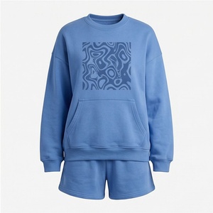 Conjunto de 2 piezas de sudadera y pantalones cortos de forro polar azul para mujer, cuello redondo, ajuste holgado, estampado geométrico, uso diario informal, largo por encima de la rodilla - Product Image 1