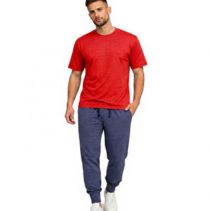 Conjunto Deportivo de Algodón Azul para Hombre, Camiseta de Cuello Redondo con Pantalones Deportivos con Cordón, Ropa Casual de Otoño, Color Sólido, Largo Completo, Corte Regular - Product Image 4
