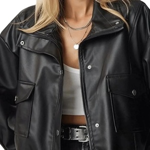 Unisex PU Leather Moto <b>Jacket</b> Stand Collar <b>Zipper</b> Closure <b>Pockets</b> Short Length Autumn Wear - Product Image 3