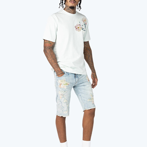 Hot Selling Breathable Light Wash Elastic Waist <b>Men</b> Denim Shorts High Quality Custom Logo Printed Summer 100% Cotton - Product Image 2